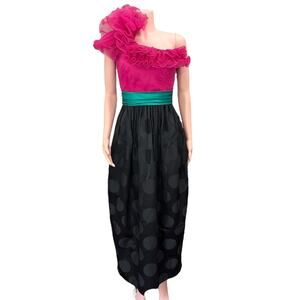 Vintage Robbe Zanca Formal Dress Small Off-Shoulder Ruffle Pink Black Party Gown